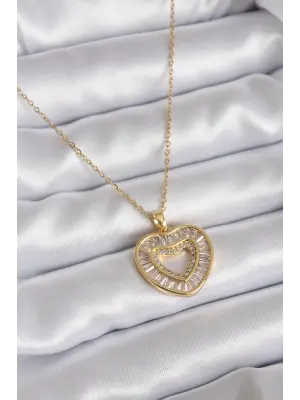  Zincir Altın  Zirkon Taş Kalp Model  Çelik Kolye