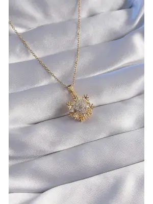  Zincir Altın  Zirkon Taşlı 2li Görünüm Kar Tanesi Çelik Kolye