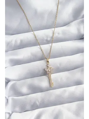  Zincir Altın  Zirkon Taşlı Anahtar Model  Çelik Kolye