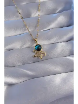  Zincir Altın  Zirkon Taşlı Astronot Figürlü Gezegen Çelik Kolye