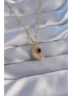  Zincir Altın  Zirkon Taşlı Ay Figürlü Projeksiyon Çelik Kolye