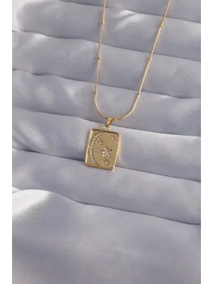 Zincir Altın  Zirkon Taşlı Ay Yıldız Figürlü Tarot Çelik Kolye