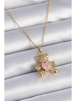  Zincir Altın  Zirkon Taşlı Ayıcık Figür Kalp Detay  Çelik Kolye