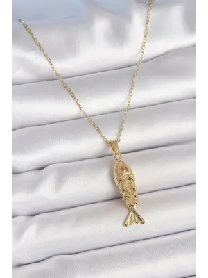 316L Çelik Zincir Gold Renk Zirkon Taşlı Balık Figürlü Kolye