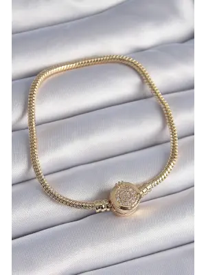 316L Çelik Zincir Gold Renk Zirkon Taşlı Charm Model Kadın Bileklik