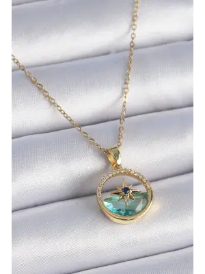  Zincir Altın  Zirkon Taşlı Deniz Görünüm Kutup Yıldız Model  Çelik Kolye
