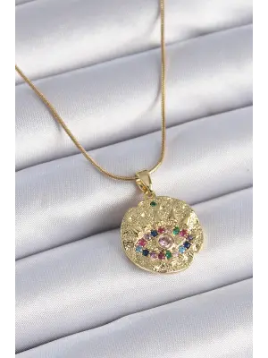  Zincir Altın  Zirkon Taşlı Göz İşlemeli Madalyon Model  Çelik Kolye