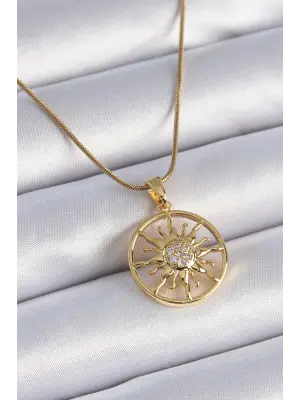  Zincir Altın  Zirkon Taşlı Güneş Model  Çelik Kolye