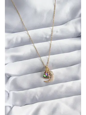  Zincir Altın  Zirkon Taşlı Hilal Kristal Kalp Model  Çelik Kolye