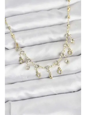 316L Çelik Zincir Gold Renk Zirkon Taşlı Kadın Kolye Sallantılı Charmlı