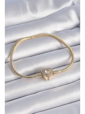 316L Çelik Zincir Gold Renk Zirkon Taşlı Kalp Charm Model Kadın Bileklik