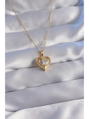  Zincir Altın  Zirkon Taşlı Kalp Çelik Kolye
