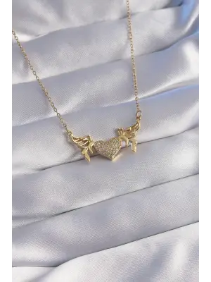  Zincir Altın  Zirkon Taşlı Kalp Model Kelebek Detay Çelik Kolye