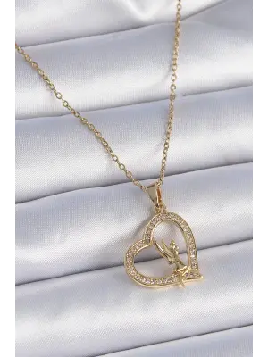  Zincir Altın  Zirkon Taşlı Kalp Model Melek Detay  Çelik Kolye