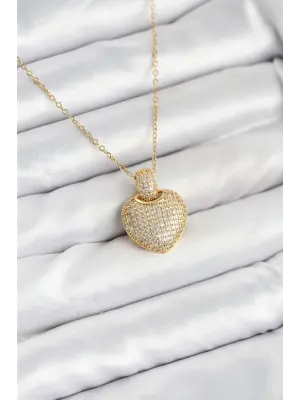 316L Çelik Zincir Gold Renk Zirkon Taşlı Kalpli Kadın Kolye