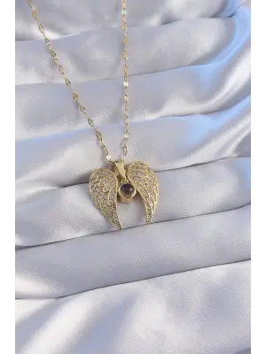  Zincir Altın  Zirkon Taşlı Kanat Figürlü Projeksiyon Çelik Kolye