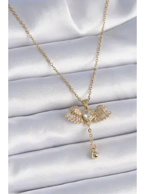  Zincir Altın  Zirkon Taşlı Kanat Model Sallantı Detay  Çelik Kolye