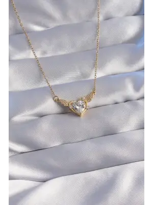  Zincir Altın  Zirkon Taşlı Kanatlı Kalp Çelik Kolye