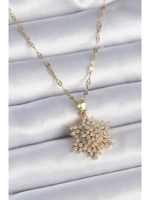  Zincir Altın  Zirkon Taşlı Kar Tanesi Model  Çelik Kolye