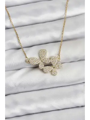 316L Çelik Zincir Gold Renk Zirkon Taşlı Kelebek Model Kadın Kolye