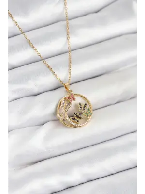 316L Çelik Zincir Gold Renk Zirkon Taşlı Kelebekli Kadın Kolye