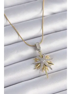  Zincir Altın  Zirkon Taşlı Kutup Yıldızı Model  Çelik Kolye