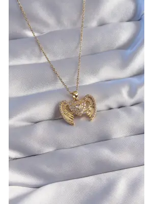  Zincir Altın  Zirkon Taşlı Melek Kanatlı Kalp Çelik Kolye