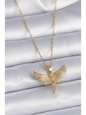  Zincir Altın  Zirkon Taşlı Melek Model  Çelik Kolye