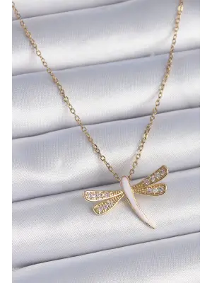  Zincir Altın  Zirkon Taşlı Pembe Sedefli Yusufçuk Model  Çelik Kolye