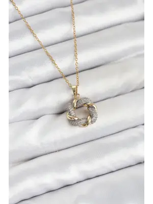 316L Çelik Zincir Gold Renk Zirkon Taşlı Sarmal Model Kadın Kolye