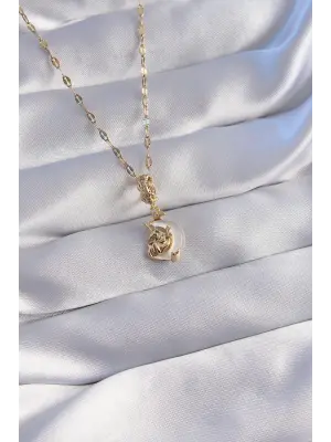  Zincir Altın  Zirkon Taşlı Sedefli Ay Figürlü Çelik Kolye