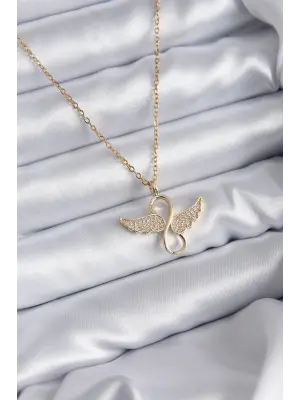  Zincir Altın  Zirkon Taşlı Sonsuzluk Kanat Model  Çelik Kolye