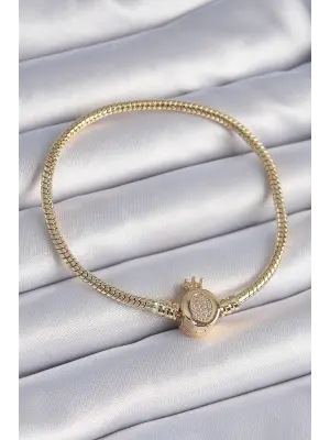 316L Çelik Zincir Gold Renk Zirkon Taşlı Taç Charm Model Kadın Bileklik