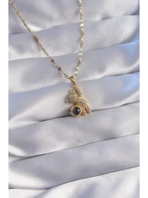  Zincir Altın  Zirkon Taşlı Teddy Figürlü Projeksiyon Çelik Kolye