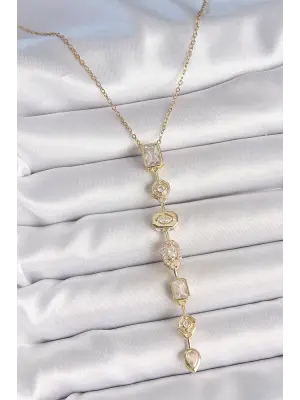 316L Çelik Zincir Gold Renk Zirkon Taşlı Y Kolye