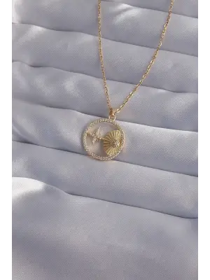 Zincir Altın  Zirkon Taşlı Yıldız Figürlü Oval Çelik Kolye
