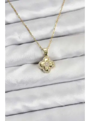 316L Çelik Zincir Gold Renk Zirkon Taşlı Yonca Model Kadın Kolye