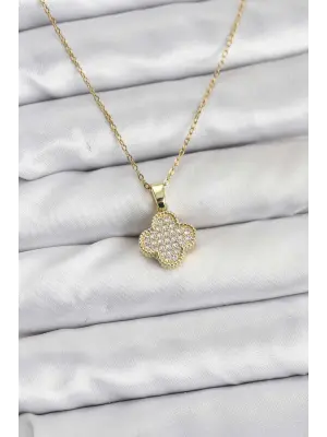 316L Çelik Zincir Gold Renk Zirkon Taşlı Yonca Model Kadın Kolye