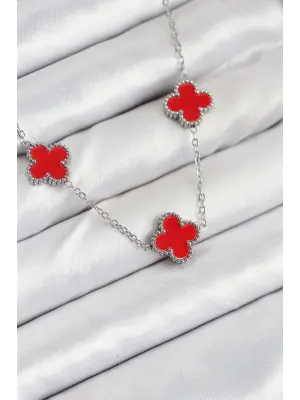 316L Çelik Zincir Gümüş Kırmızı Renk Yonca Kadın Kolye
