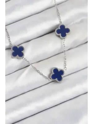 316L Çelik Zincir Gümüş Lacivert Renk Yonca Kadın Kolye
