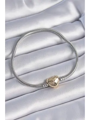 316L Çelik Zincir Gümüş Renk Altın Kalp İşleme Detaylı Charm Model Kadın Bileklik