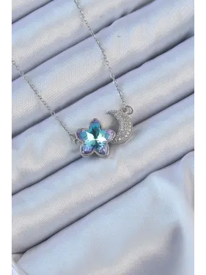  Zincir Gümüş  Ay Tasarımlı li Zirkon Taşlı Çiçek Çelik Kolye