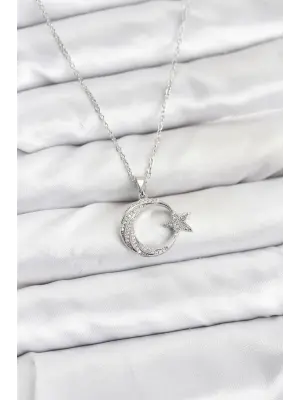 316L Çelik Zincir Gümüş Renk Ay Yıldız Model Zirkon Taşlı Kadın Kolye