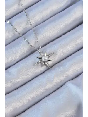  Zincir Gümüş  Baget Taşlı İnci Detay Kutup Yıldızı Çelik Kolye