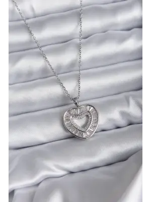  Zincir Gümüş  Baget Zirkon Taşlı  Çelik Kolye