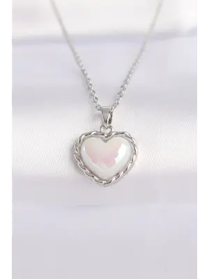  Zincir Gümüş  Beyaz Taşlı Bombeli Kalp Çelik Kolye