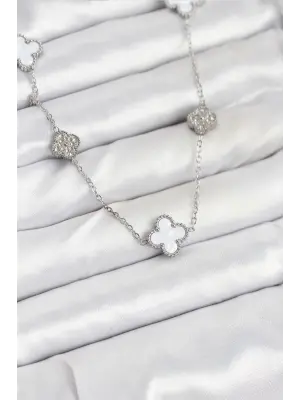 316L Çelik Zincir Gümüş Renk Beyaz ve Zirkon Taşlı Yonca Kadın Kolye