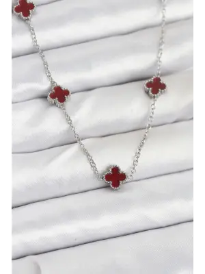 316L Çelik Zincir Gümüş Renk Bordo Baby Boy Yonca Kadın Kolye