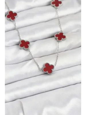 316L Çelik Zincir Gümüş Renk Bordo Renk Yonca Kadın Kolye
