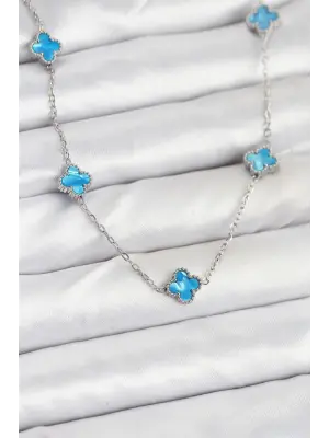 316L Çelik Zincir Gümüş Renk Buz Mavisi Baby Boy Yonca Kadın Kolye